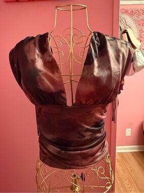 Windsor Satin Plunging V-Neck Draped Top in Wine and Black